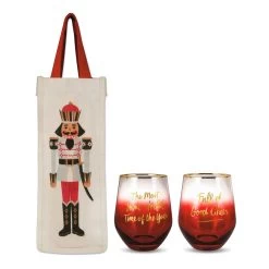 Hallmark Nutcracker Bottle Bag And Stemless Wine Glasses Holiday Gift Bundle, Set Of 3